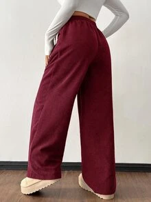 SHEIN PETITE 女款秋冬街頭時尚休閒復古燈芯絨紋理長褲 - 酒紅色 - 查看 2