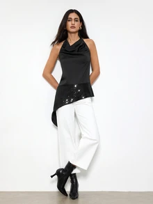SHEIN x IZA Maija Women's Solid Color Patchwork Sequin Asymmetrical Hem Fashion Halter Tank Top - Black - View 2