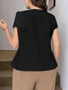 Easowa Curve 大尺碼女款純色垂領肩結短袖休閒襯衫 - 黑色 - 查看 2