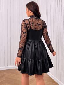 SHEIN EZwear 大尺碼女款純色PU皮革荷葉邊下擺細肩帶洋裝 - 黑色 - 查看 2