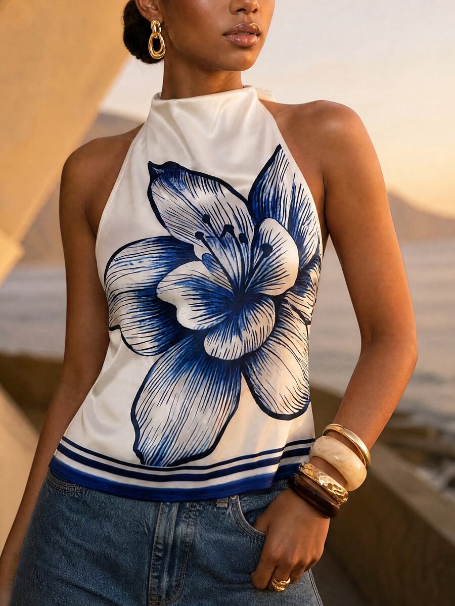 CAJUNI Top With A Flared Neckline, Elegant Summer Style, Maxi Floral Print. - Blue and White - View 1