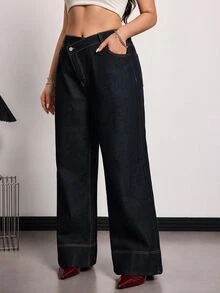 SHEIN EZwear 大尺碼女款秋季休閒復古黑色高腰寬腿牛仔長褲，寬鬆直筒長褲 - 黑色 - 查看 2