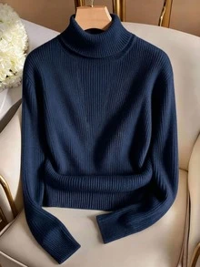Resyla Autumn/Winter Ribbed Turtleneck New Elegant Casual Knit T-Shirt, Minimalist Fashion Solid Color Knit Sweater - Royal Blue - View 2