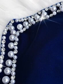 Viva Relle Vintage Elegant Runaway Princess Style Blue Velvet Rhinestone Waist-Cinching Full Skirt Tulle Evening Gown - Blue and White - View 7