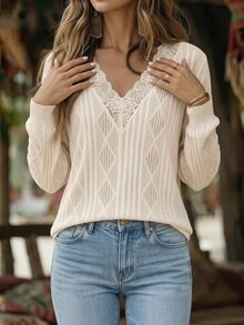SHEIN LUNE 女款對比色蕾絲V領長袖休閒上衣 - 彩色 - 查看 5