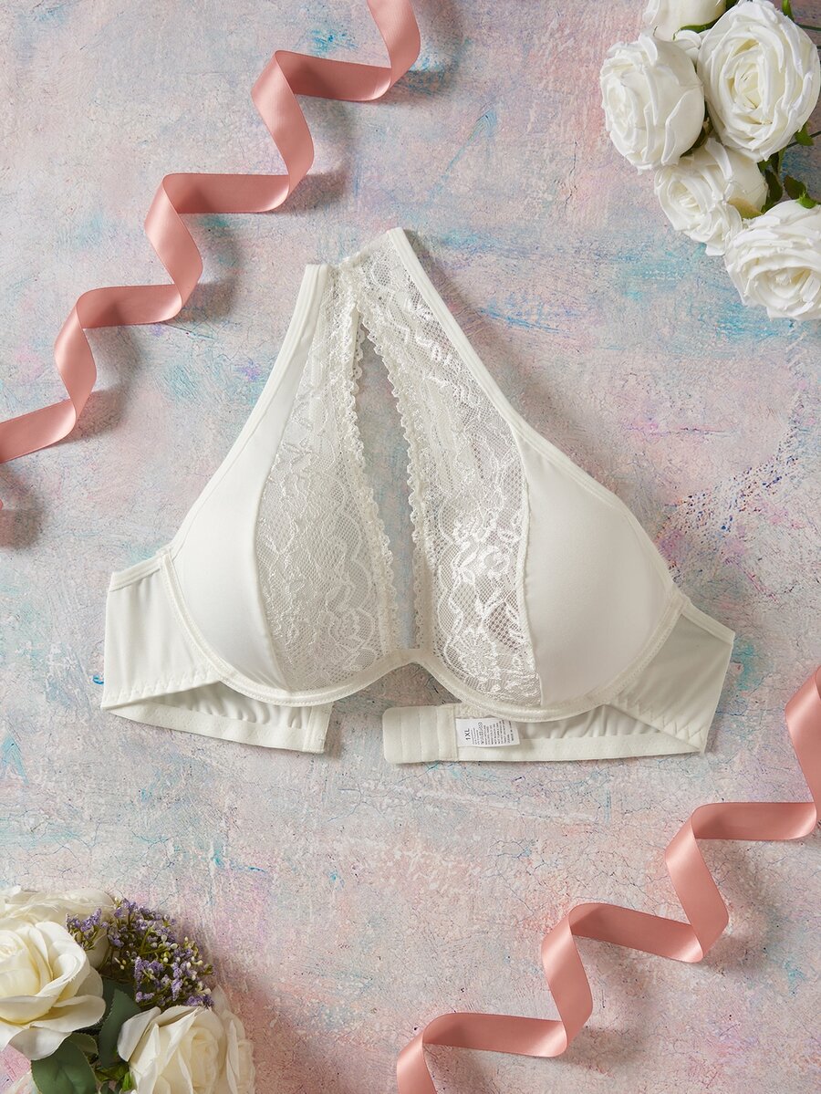 Elorette White Lace Patchwork Asymmetric Shoulder Non-Molded Cup Underwire Lift-Up Full Coverage Bra, Sexy Elegant Romantic Plus Size Bra & Wireless Bra - White - View 1