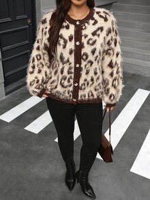SHEIN Clasi Plus Size Leopard Print Contrast Color Drop Shoulder Long Sleeve Knit Cardigan, Autumn/Winter Chic Unique - Brown - View 7