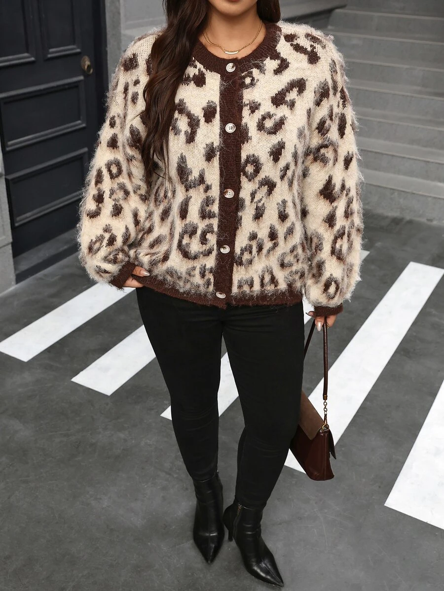 SHEIN Clasi Plus Size Leopard Print Contrast Color Drop Shoulder Long Sleeve Knit Cardigan, Autumn/Winter Chic Unique - Brown - View 1