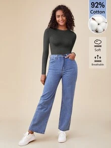 SHEIN BASICS 女款純色圓領長袖休閒連身衣T恤 - 深灰色 - 查看 4