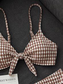 SHEIN Swim 女款紋理布料比基尼套裝，2件式泳衣，雙肩帶設計，胸前蝴蝶結裝飾，高腰，休閒海灘度假泳裝 - 巧克力棕 - 查看 3