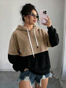 Elenzga 大尺碼女款休閒外出居家日常懶人放鬆百搭實用復古拼色連帽套頭衛衣，柔軟蓬鬆抓絨 - 彩色 - 查看 1