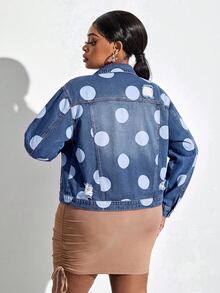 Slaydiva Plus Size Women's Polka Dot Pattern Distressed Single-Breasted Denim Jacket - Dark Wash - View 2