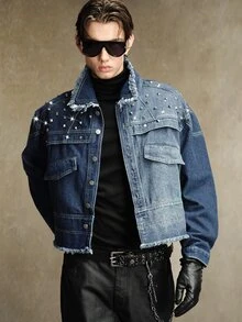 ROMWE MEN Street Life Men's Contrast Color Washed Short Denim Jacket, Distressed Frayed Hem With Rivet Decor, Turned-Up Collar, Y2K Punk Gothic Street Style Hip Hop Rock Loose Fit Short Denim Top, Suitable For Casual Daily Wear, Nightclub, Street Fashion - Blue - View 5