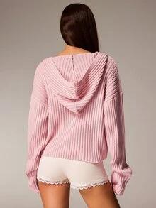 Athîral Ladies' Casual Soft Ribbed Knitted Hooded Long Sleeved Pink Casual Oversized Zipper Cardigan Sweater, Suitable For Daily Home Wear In Autumn And Winte - Pink - View 2