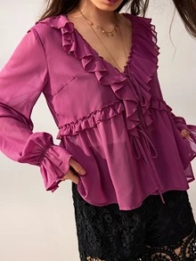 Willow Rêve Women's Pink Ruffle Collar Chiffon Petal Sleeve Blouse - Purple - View 5