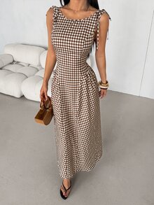 SHEIN PETITE Plaid Midi Dress For Petite Women – Smart-Casual Style - Brown - View 6