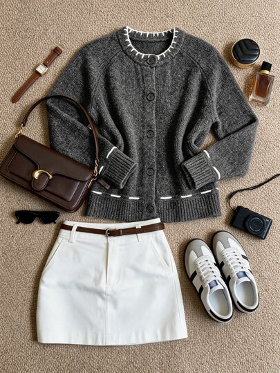 Grovea Autumn/Winter Plus Size Dark Gray Contrast White Stitch Trim Round Neck Front Button Raglan Knit Cardigan