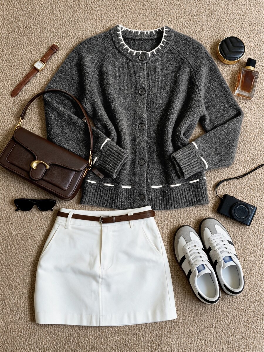 Grovea Autumn/Winter Plus Size Dark Gray Contrast White Stitch Trim Round Neck Front Button Raglan Knit Cardigan - Dark Grey - View 1