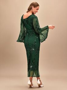 Amorya Women's Solid Color Sequin Asymmetric Neckline Mesh Flare Sleeve Elegant Long Dress - Dark Green - View 2