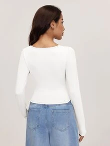 SHEIN BASICS 3PCS Women Solid Color Square Neck Long-Sleeved Slim-Fit Versatile T-Shirt - Multicolor - View 8