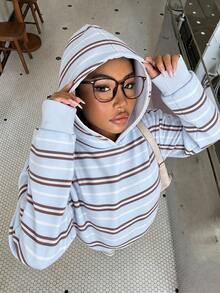 青少年女孩休閒極簡基本款粉色條紋寬鬆加厚連帽衛衣，適合秋冬日常、街頭、外出、校園、運動，甜美風格 - 白色 - 查看 3