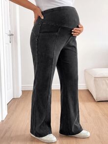 Plussiva بنطلون واسع الساق للحوامل بمقاس كبير مع حزام خصر قابل للتعديل وتصميم جيوب لفصل الخريف - الأسود - مشاهدة 4
