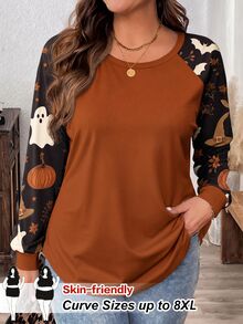 SHEIN CURVE+ Halloween Maple Leaf Pumpkin Floral Print Plus Size Full Print Raglan Sleeve T-Shirt Suitable For Spring, Autumn And Holiday Parties - Multicolor - View 1