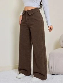 SHEIN Tall 女款折腰寬腿寬鬆休閒牛仔褲，適合女性教師穿搭 - 棕色 - 查看 3