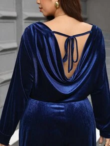 Reflora Plus Size Velvet Cowl Neck Jumpsuit, Autumn/Winter - Royal Blue - View 4