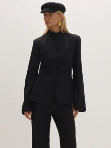 MUSEYN Black Woven Japanese Knot Fasten Fitted Blazer Timeless Date Night Tailored Office New Season Fall - Black - View 1