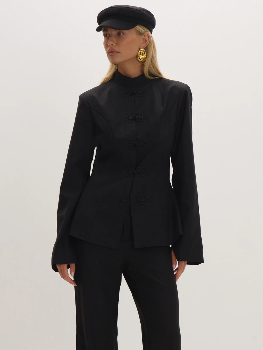 MUSEYN Black Woven Japanese Knot Fasten Fitted Blazer Timeless Date Night Tailored Office New Season Fall - Black - View 1