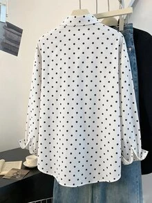 SHEIN Franclia 女款寬鬆翻領落肩單排扣袖口長袖通勤襯衫，白色黑色波點印花女式襯衫 - 黑與白 - 查看 2