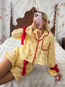 CottageSlumber Cute Bowknot Ruffle Heart Stripe Long Sleeve Loungewear - Multicolor - View 7