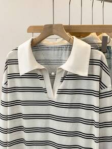 Écloséra Curve Elegant Vintage Striped Collared Knit Long Sleeve Plus Size T-Shirt - Black and White - View 3