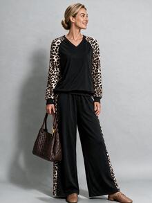 Louniche Women's 2 Pieces Set With Leopard Print Raglan Long Sleeve V-Neck Top And Elastic Waist Straight Leg Wide Leg Pants, Colorblock Patchwork Loose Fit Flattering Casual Home Outing Commute Outfit - Black - View 7
