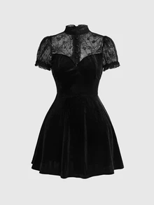ROMWE Autumn/Winter Dark Gothic Halloween Outfit Spider Web Lace Patchwork Velvet Slim Fit A-Line Dress - Black - View 1