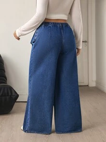Flexra Plus Size Denim 2 In 1 Wide Leg Pants - Blue - View 2