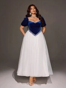 Viva Relle Vintage Elegant Runaway Princess Style Blue Velvet Rhinestone Waist-Cinching Full Skirt Tulle Evening Gown - Blue and White - View 6