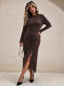 Elegantrix Plus Size Women's Autumn/Winter Cinched Waist Split Hem Lace Patchwork French Style Casual Daily Commute Dress Fall - Coffee Brown - View 5