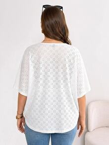 SHEIN Essnce Plus Size Women's 3/4 Sleeve Loose Floral Hollow Out Cardigan, Suitable For Autumn - White - View 5