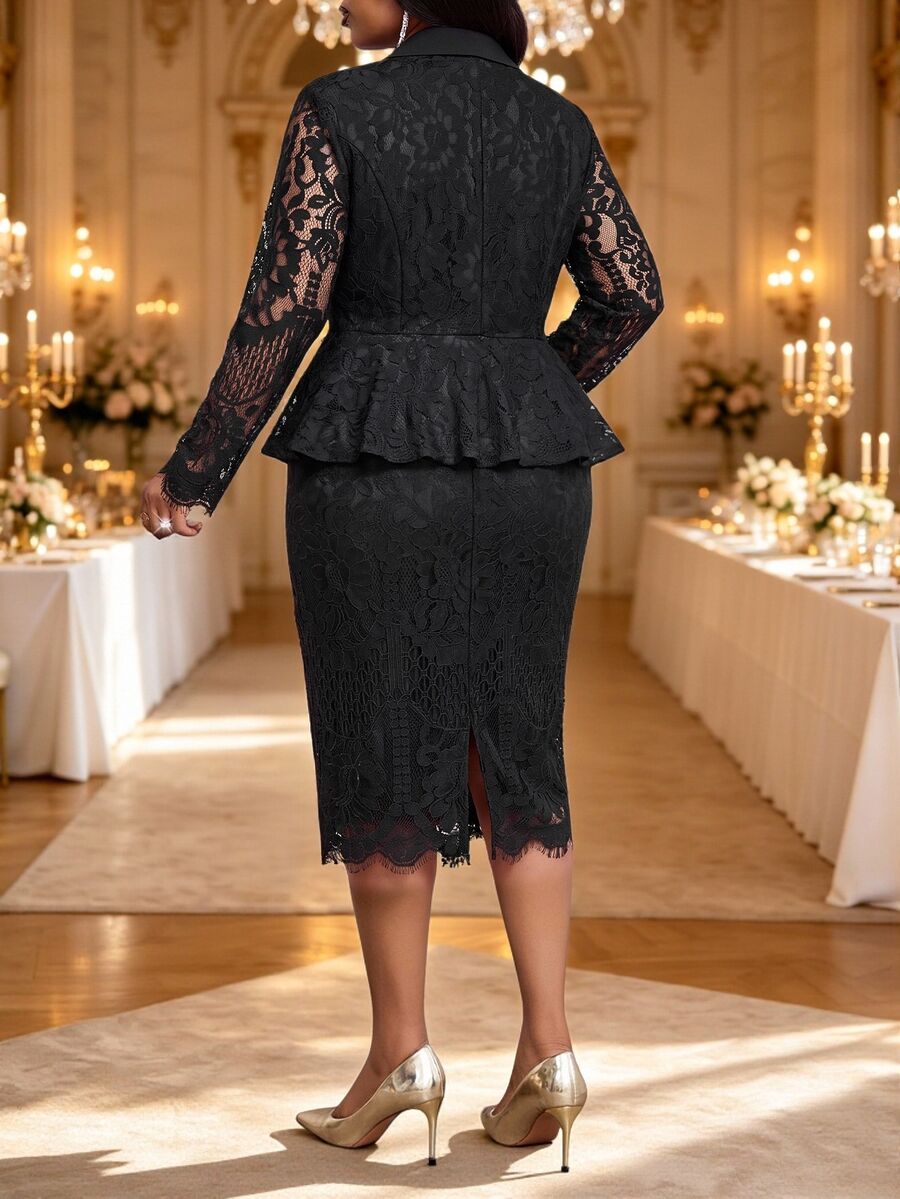 Fleurora Plus Size Women's Lapel Neck Single-Breasted Lace Jacket And Skirt Elegant Suit Set - Black - View 1