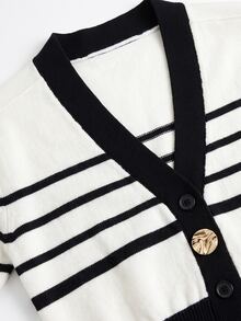 SHEIN Orluneo Black And White Color Block Metal Button V-Neck Knit Cardigan - Black and White - View 5