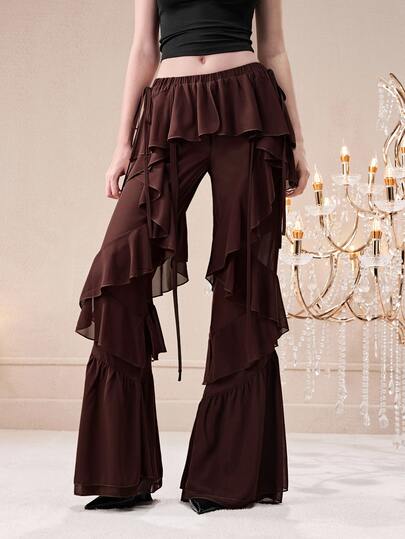 Barévion Pants Flare Textured Chiffon Layered Ruffles Side Tie Details Modern Brown Solid Women's Pants Wide Leg Pants Autumn Outfit Fall Winter 2026 Christmas