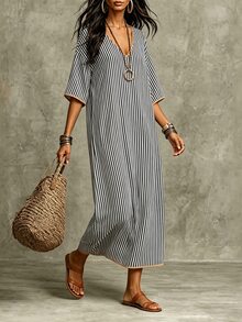 Trelyra Women's Striped V-Neck Dropped Shoulder Loose Casual Midi Dress - Black and White - View 1