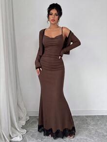 Selianne Women's Autumn/Winter Colorblock Long Sleeve Zip-Up Top And Cami Dress Set - Brown - View 4