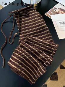 SHEIN CURVE+ Plus Size Summer Knit Striped Long Pants Fall - Brown - View 3