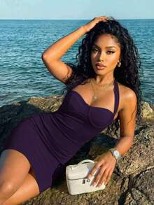 Slaydiva Women's Solid Color Casual Daily Summer Halter Neck Mini Dress - Purple - View 6