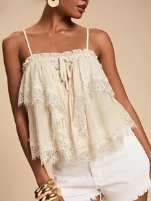Travachic Women's Contrast Lace Ruffle Front Tie Fashion Camisole Top - Apricot - View 1