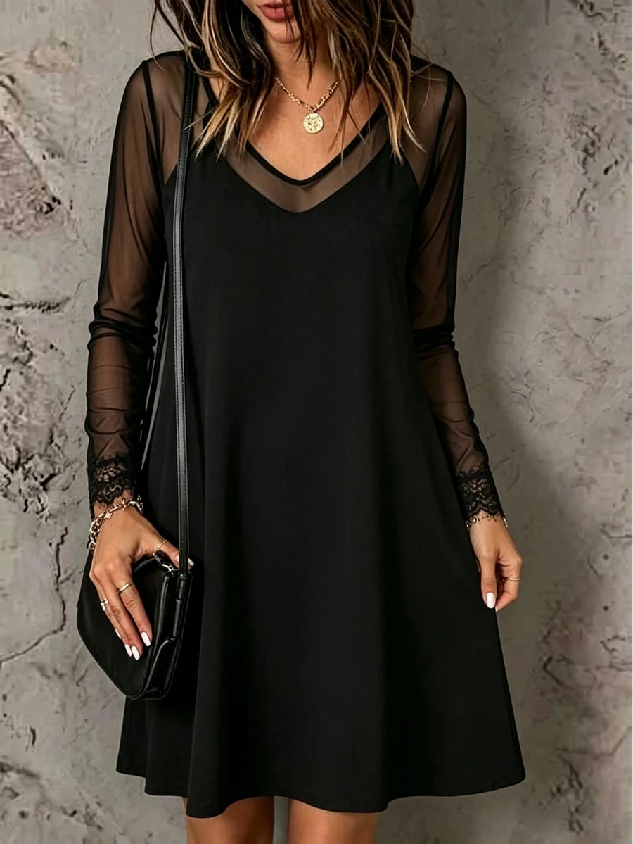 SHEIN LUNE Women's Solid Color Contrast Mesh V-Neck Long Sleeve Loose Fit Dress Halloween Night Black Autumn Sexy Goth Going Out - Black - View 1