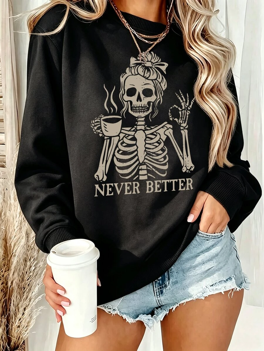 EMERY ROSE Plus Size Skull Pattern Crew Neck Long Sleeve Fashionable Women Sweatshirt Winter - Black - View 1